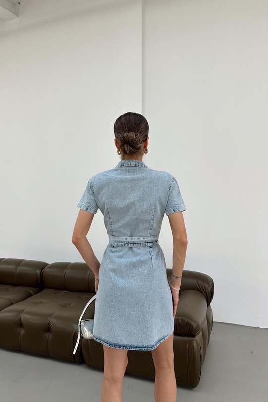 Kuşaklı Mini Denim Elbiser Buz Mavi
