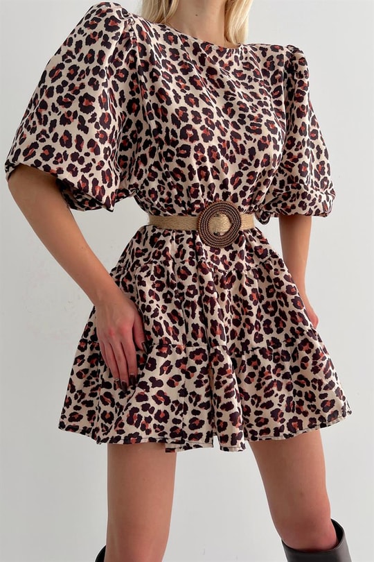 Leopar Desenli Mini Elbise Kiremit