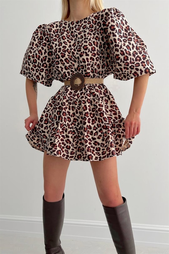 Leopar Desenli Mini Elbise Kiremit