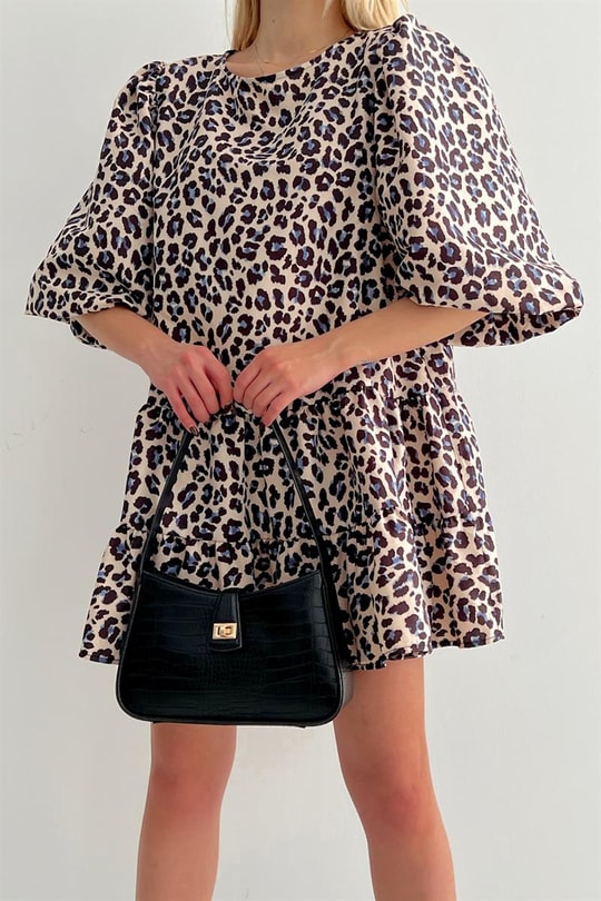 Leopar Desenli Mini Elbise Taş