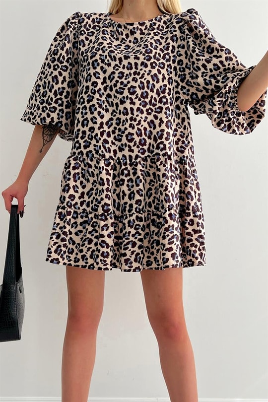 Leopar Desenli Mini Elbise Taş