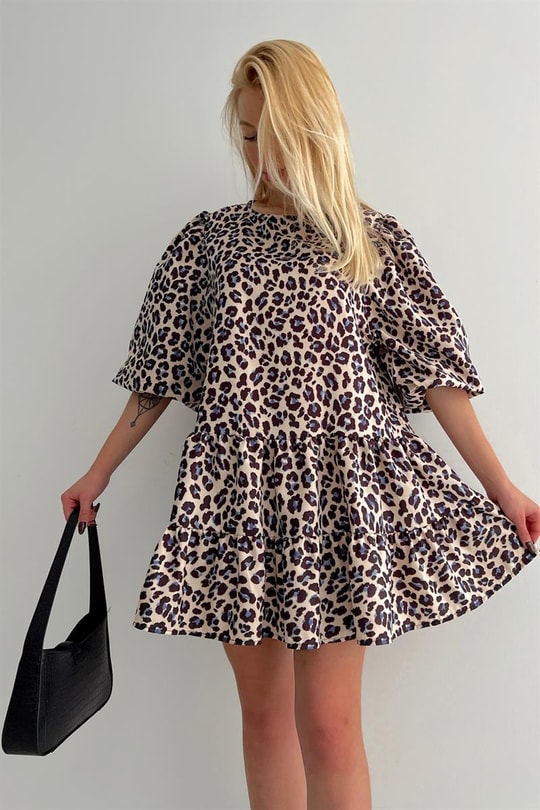Leopar Desenli Mini Elbise Taş