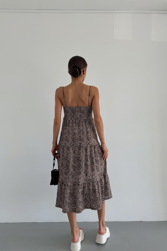 Leopar Maxi Elbise Bej