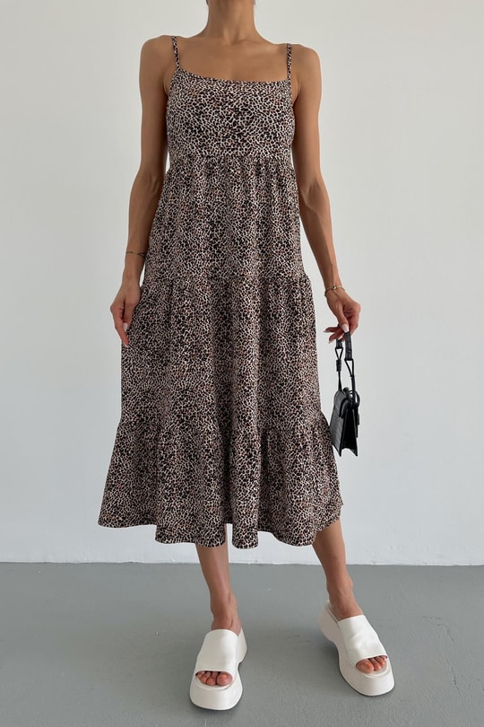 Leopar Maxi Elbise Bej