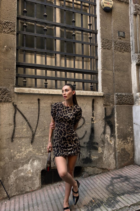 Leopar Tül Kısa Kol Elbise Kahve
