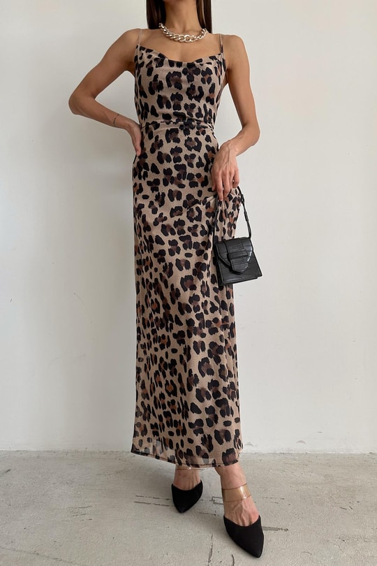 Leopar Tül Maxi Elbise KAHVE
