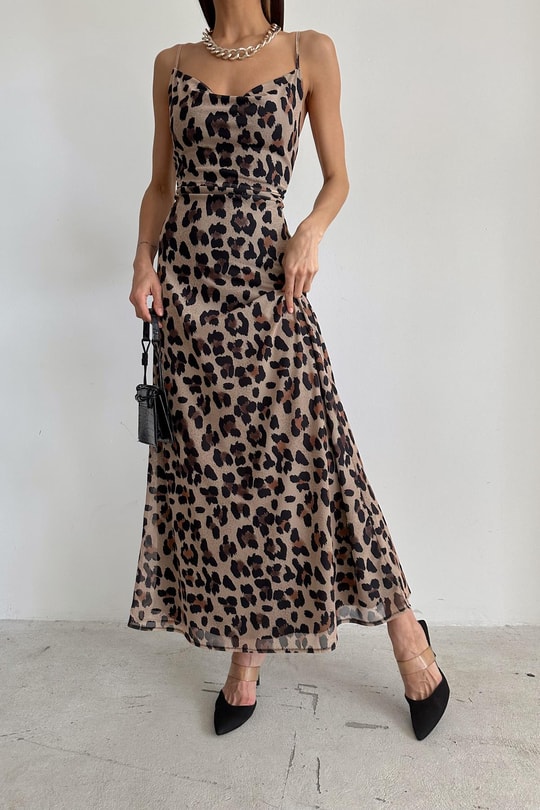 Leopar Tül Maxi Elbise KAHVE