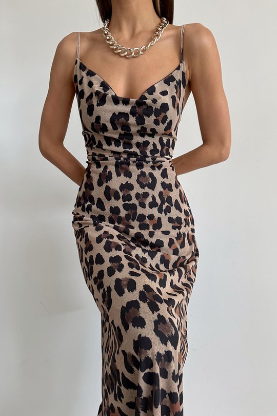 Leopar Tül Maxi Elbise KAHVE