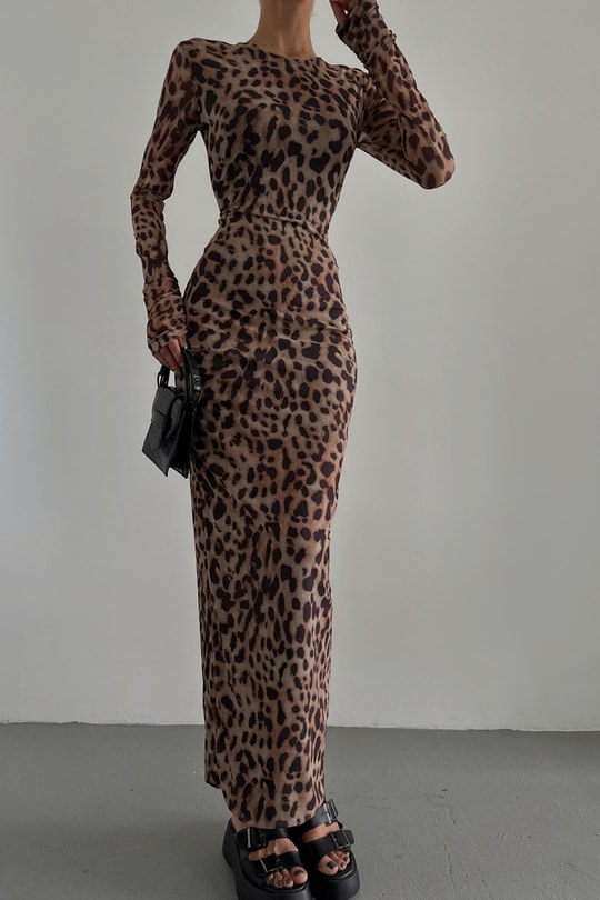 Leopar Tül Midi Elbise Kahve