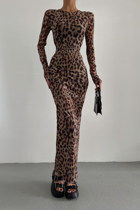 Leopar Tül Midi Elbise Kahve