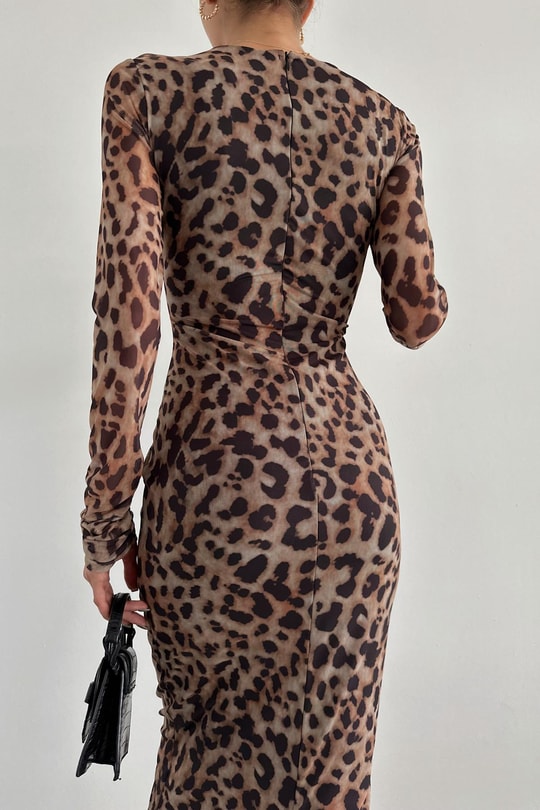 Leopar Tül Midi Elbise Kahve