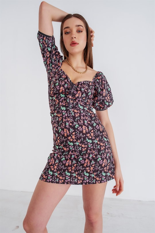 Balon Kollu Floral Elbise Siyah