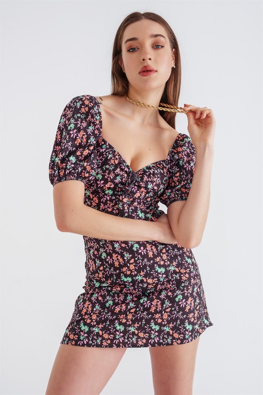 Balon Kollu Floral Elbise Siyah