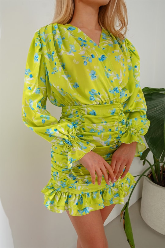 Çiçek Desenli Drape Elbise Fıstık Yeşili