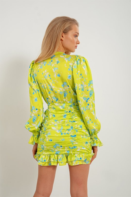 Çiçek Desenli Drape Elbise Fıstık Yeşili