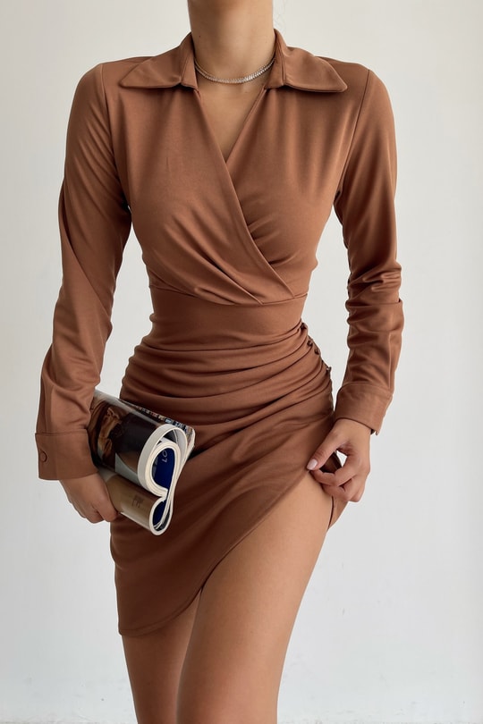 Drape Eloise Kruvaze Elbise Kahverengi