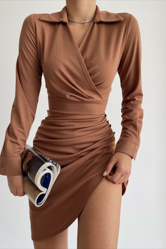 Drape Eloise Kruvaze Elbise Kahverengi