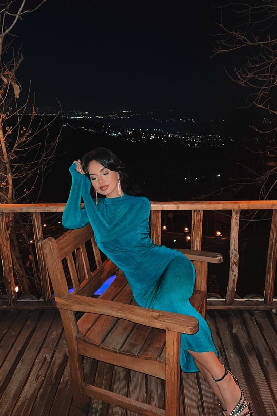 Kadife Çapraz Yaka Angela Elbise Yeşil