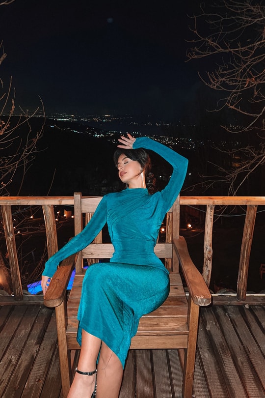 Kadife Çapraz Yaka Angela Elbise Yeşil