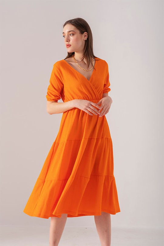 Kruvaze Yaka Salaş Elbise Oranj