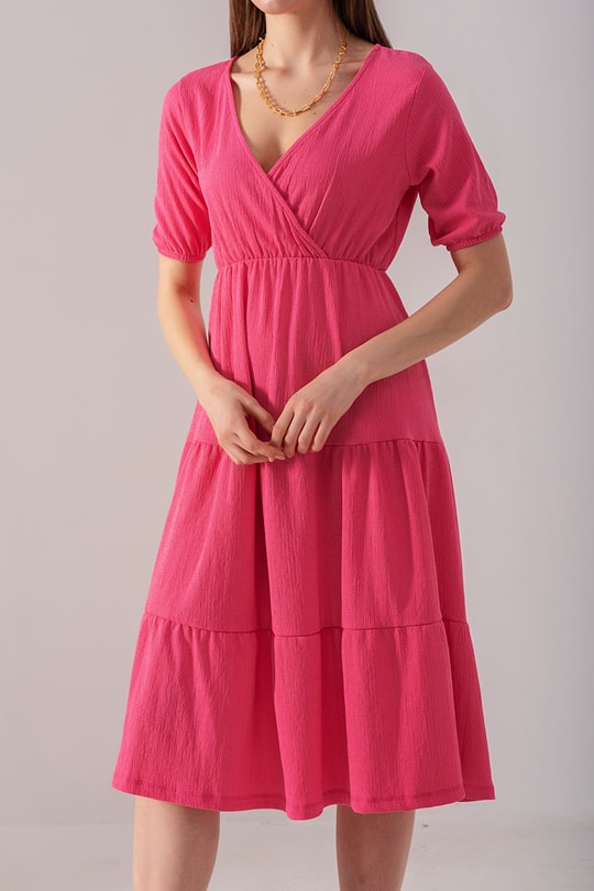 Kruvaze Yaka Salaş Elbise Pembe