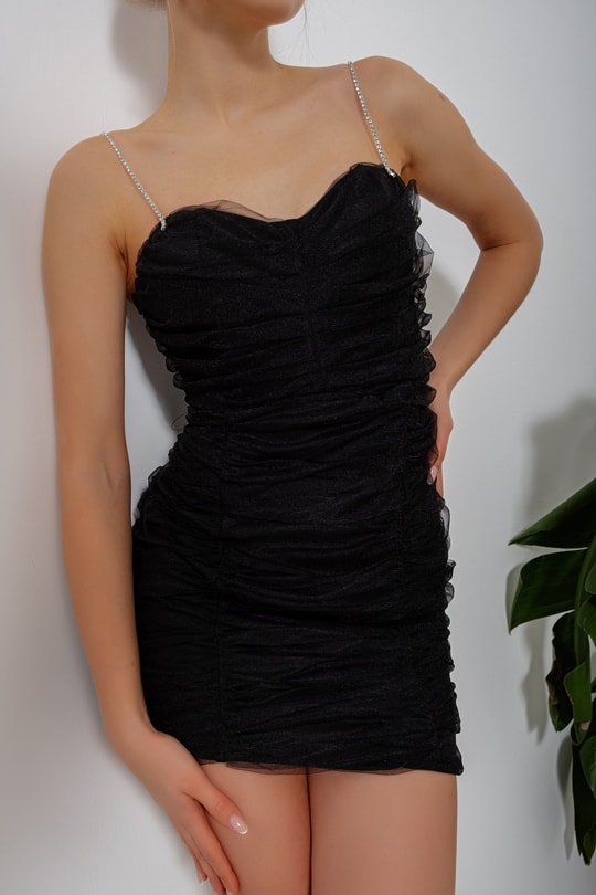Parlak Taş Askılı Drape Elbise Siyah