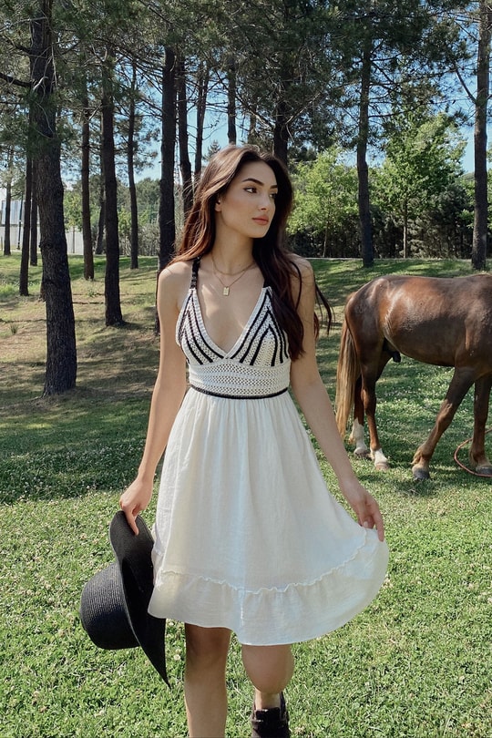 Şile Bezi Alaçatı Örme Elbise Beyaz