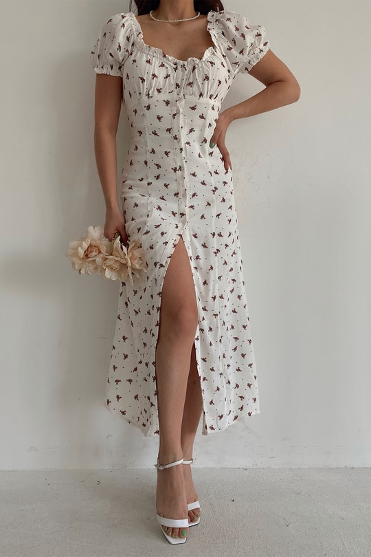 Yırtmaçlı Freesia Elbise Beyaz