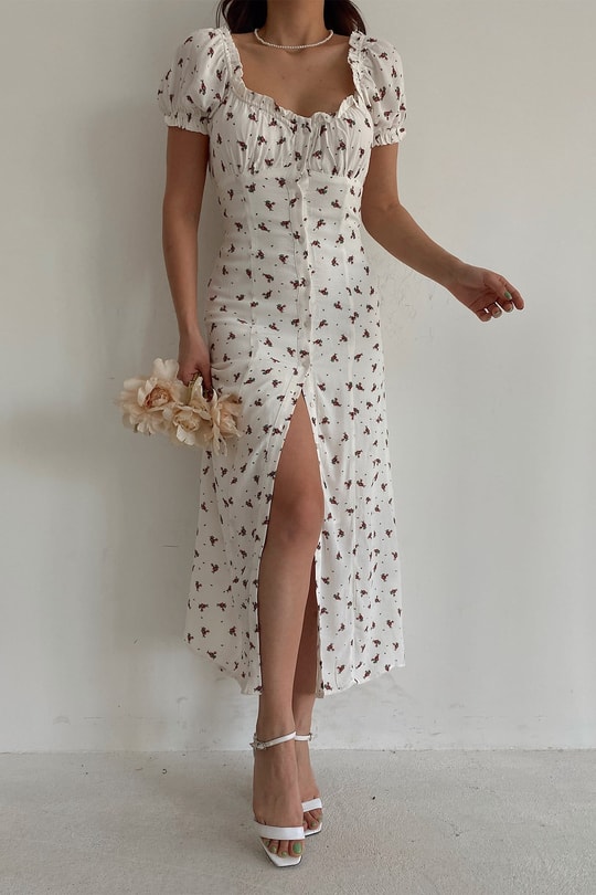 Yırtmaçlı Freesia Elbise Beyaz