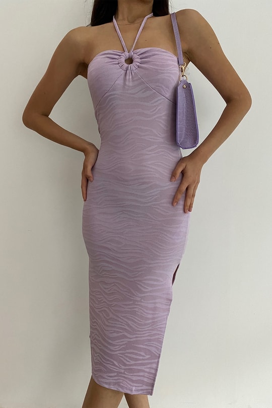 Zebra Desen Yırtmaçlı Elbise Lila