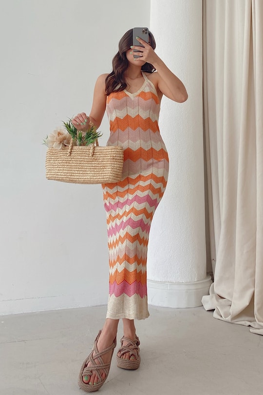 Zikzak Desenli Dokuma Elbise Turuncu