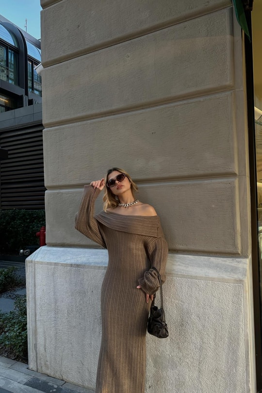 Madonna Yaka Premium Triko Elbise Kahve