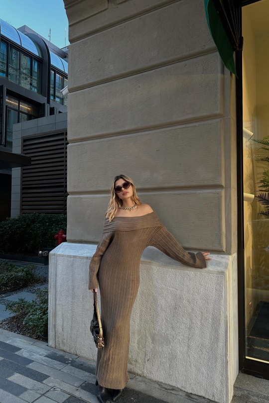 Madonna Yaka Premium Triko Elbise Kahve