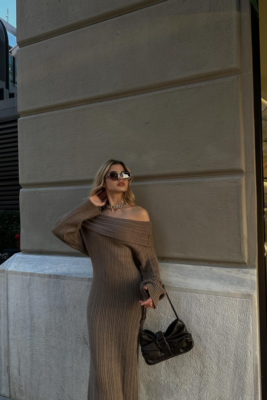 Madonna Yaka Premium Triko Elbise Kahve