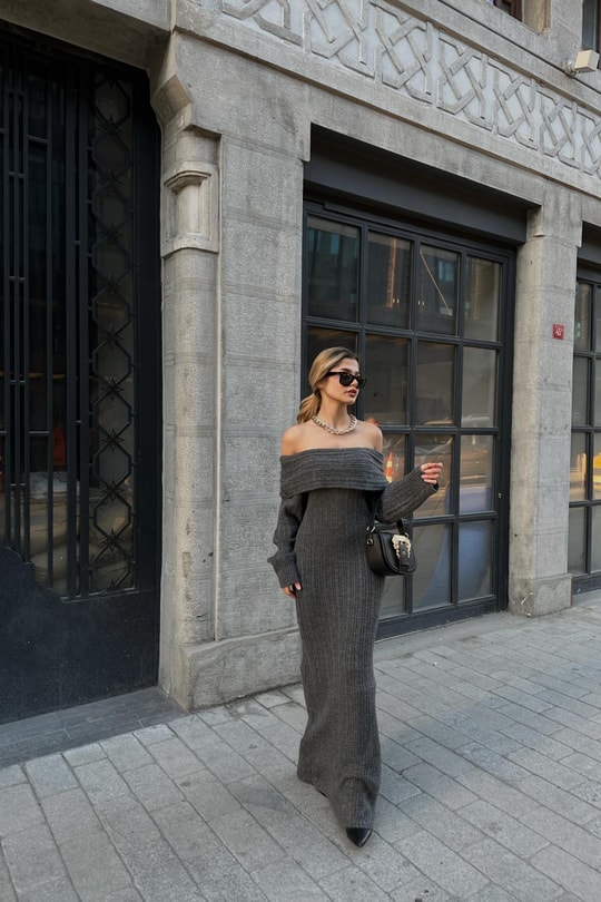 Madonna Yaka Premium Triko Elbise Antrasit