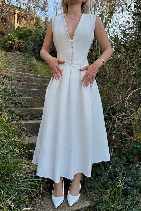 Mini Düğmeli Elegant Elbise Beyaz
