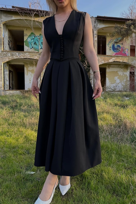 Mini Düğmeli Elegant Elbise Siyah