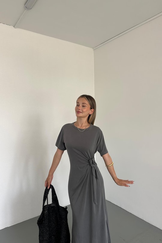 Modal Bağlamalı Elbise Koyu Gri