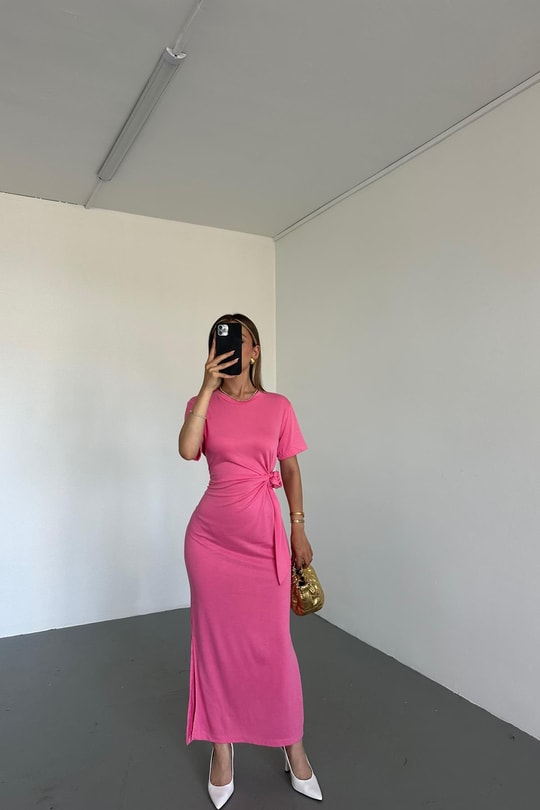 Modal Bağlamalı Elbise Pembe