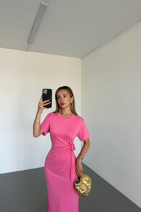 Modal Bağlamalı Elbise Pembe