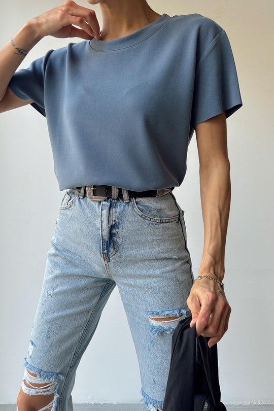 Modal Lazer Kesim Tshirt İndigo