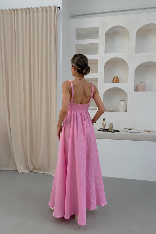 Müslin Maksi Elbise Pembe