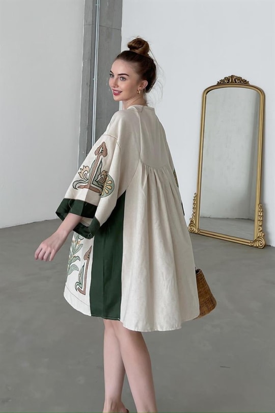 Nakışlı Kimono Kol Tasarım Elbise Taş
