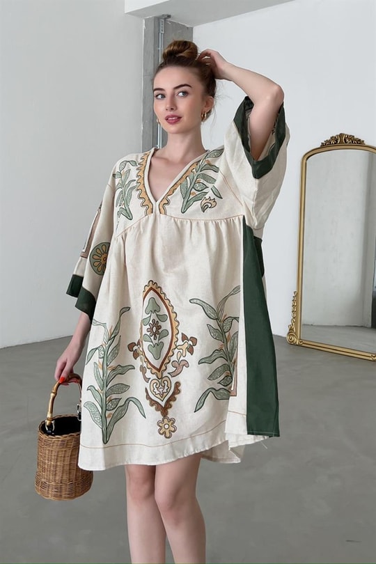 Nakışlı Kimono Kol Tasarım Elbise Taş