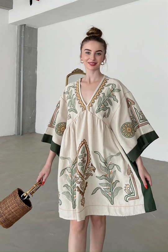Nakışlı Kimono Kol Tasarım Elbise Taş