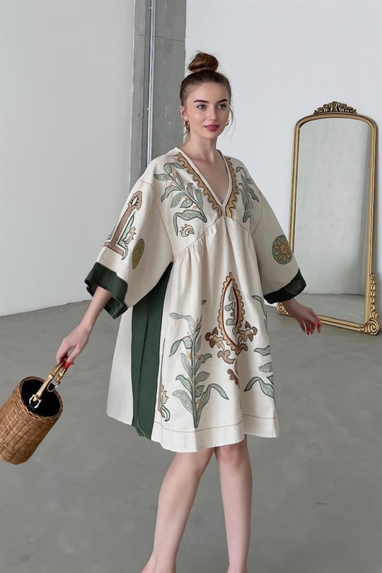 Nakışlı Kimono Kol Tasarım Elbise Taş