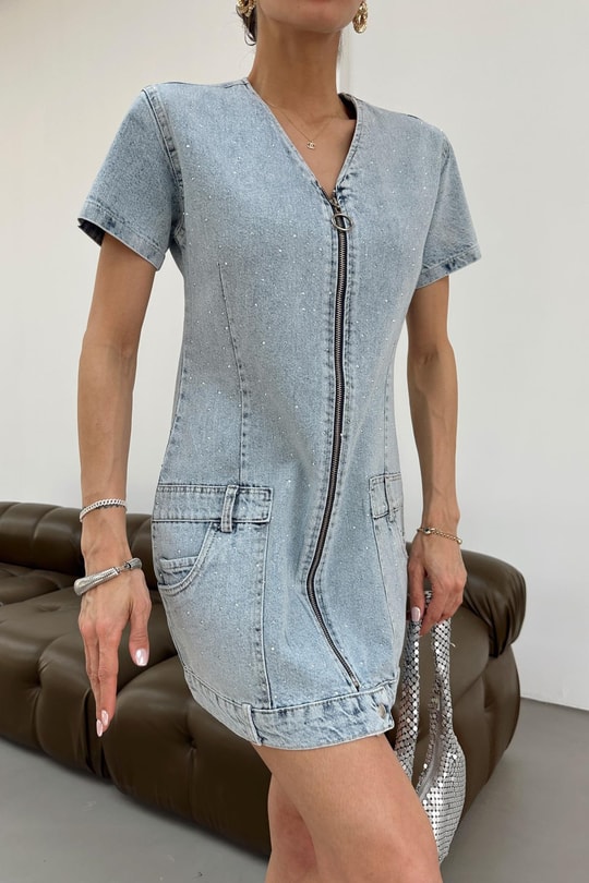 Ön Fermuarlı Mini Denim Elbise Buz Mavi