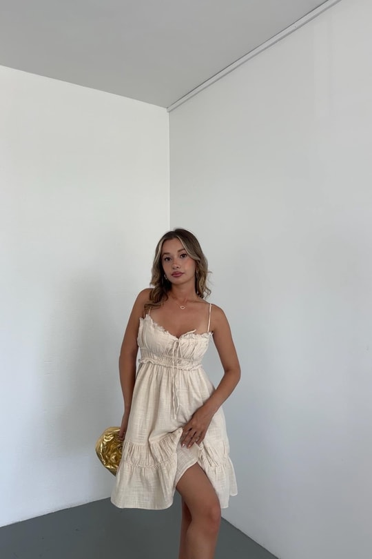 Önü Bağcıklı Askılı Mini Elbise Taş
