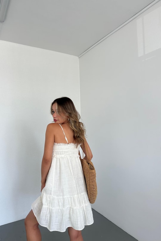 Önü Bağcıklı Askılı Mini Elbise Beyaz