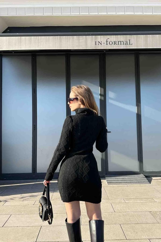 Örme Balıkcı Triko Elbise Siyah